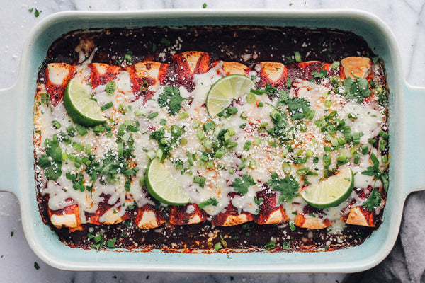 Chicken Sweet Potato Enchiladas with Cranberry Chipotle Sauce