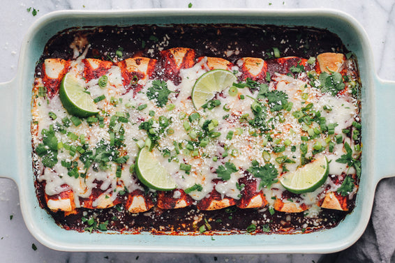 Chicken Sweet Potato Enchiladas with Cranberry Chipotle Sauce