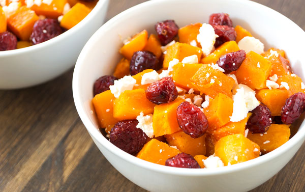 Roasted Butternut Squash with Cranberries, Walnuts, and Goat Cheese Crumbles